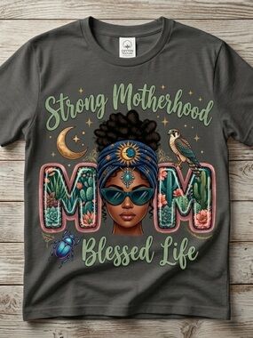 Strong Motherhood MOM Graphic Tee - Dark Gray with Teal Accents